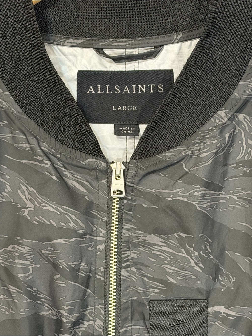 AllSaints Gray Black Camo Bomber Jacket Men LARGE lightweight rain/windbreaker
